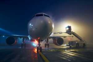 Dégivrage de l'avion avant un vol de nuit